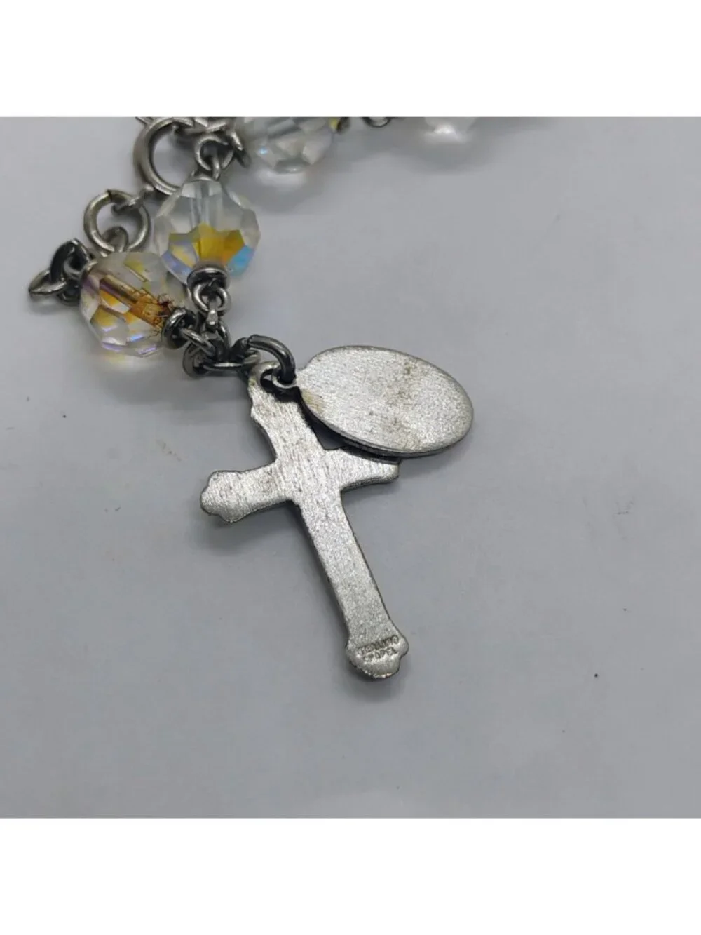 Vtg "Chapel" Sterling Crucifix AB Rhinestone Bracelet Our Lady of Snows Charm - Picture 5 of 7